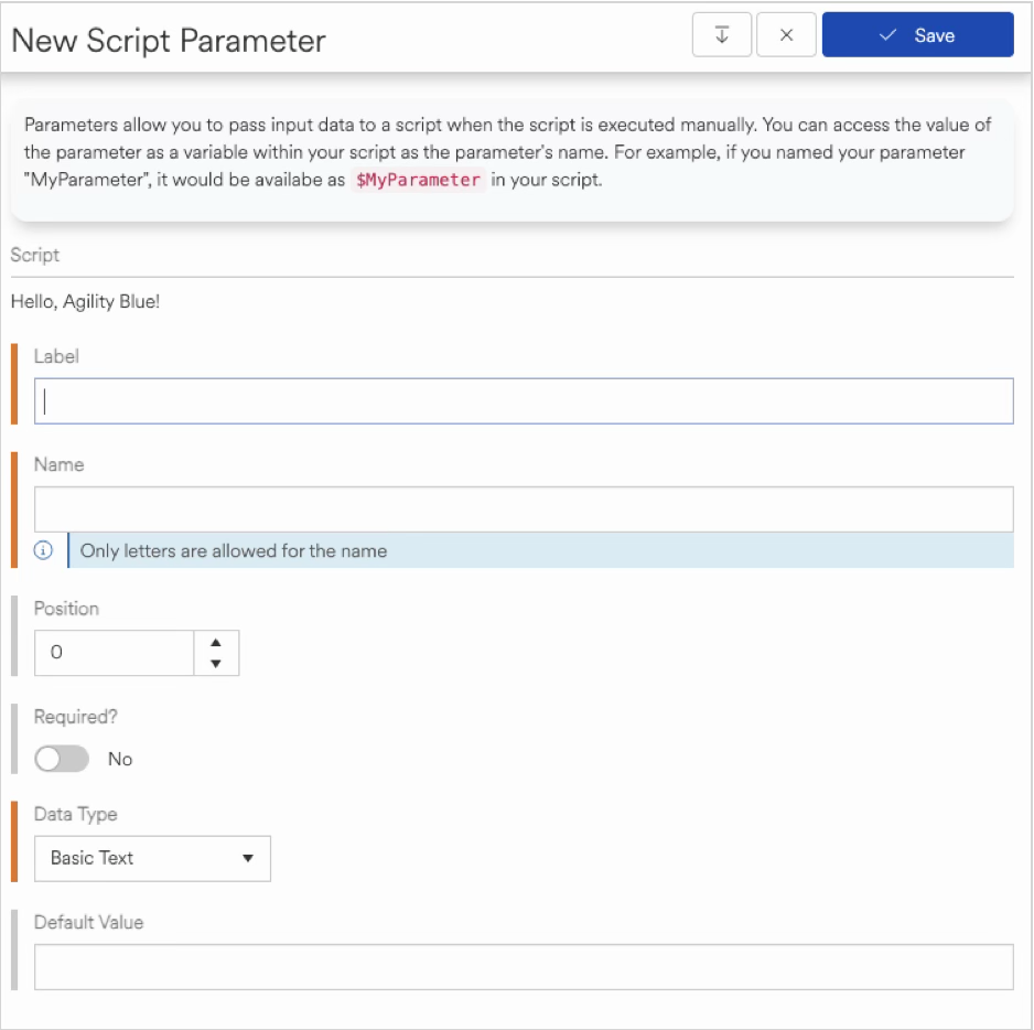 Form fields for script parameters including labels, names, and data types.